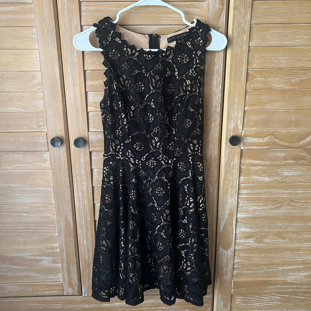 City Studio Black Lace Dress with Nude Lining